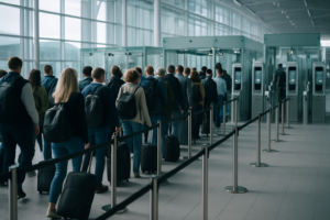 Fronta cestujících čekajících u pasové kontroly v odbavovací hale evropského letiště