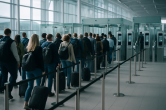 Fronta cestujících čekajících u pasové kontroly v odbavovací hale evropského letiště