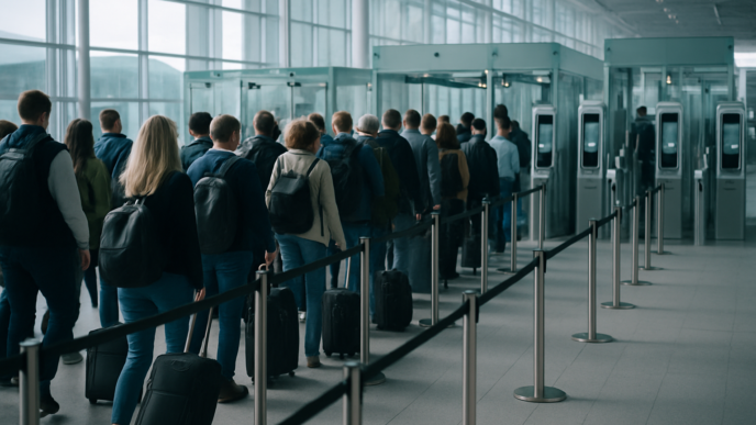 Fronta cestujících čekajících u pasové kontroly v odbavovací hale evropského letiště