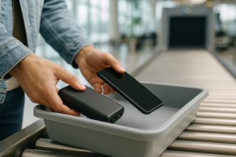 Cestující pokládá powerbanku a mobilní telefon do plastové misky na pás rentgenové kontroly na letišti