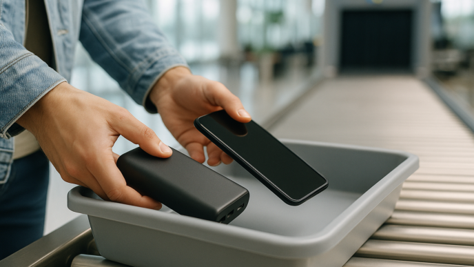 Cestující pokládá powerbanku a mobilní telefon do plastové misky na pás rentgenové kontroly na letišti