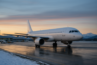 Letadlo nízkonákladové aerolinky na letištní ploše v zimním podvečeru, v pozadí zasněžené hory