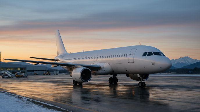 Letadlo nízkonákladové aerolinky na letištní ploše v zimním podvečeru, v pozadí zasněžené hory