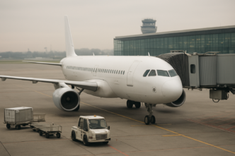 Letadlo Airbus A320 stojící u nástupního mostu na odbavovací ploše velkého evropského letiště, v pozadí terminál a řídicí věž