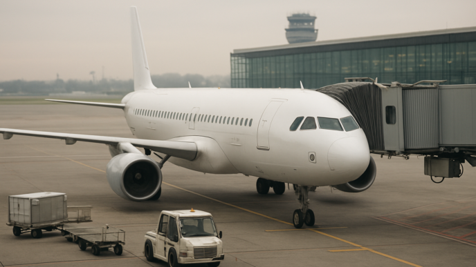 Letadlo Airbus A320 stojící u nástupního mostu na odbavovací ploše velkého evropského letiště, v pozadí terminál a řídicí věž