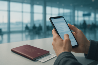 Cestující drží telefon s online formulářem vedle cestovního pasu a palubní vstupenky, v pozadí odletová hala letiště