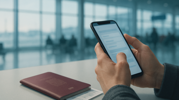 Cestující drží telefon s online formulářem vedle cestovního pasu a palubní vstupenky, v pozadí odletová hala letiště