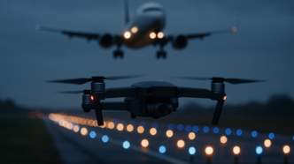 Malý dron letící nízko nad okrajem letištní dráhy za soumraku, v pozadí rozostřená silueta přistávajícího dopravního letadla a přibližovací světla
