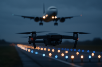 Malý dron letící nízko nad okrajem letištní dráhy za soumraku, v pozadí rozostřená silueta přistávajícího dopravního letadla a přibližovací světla