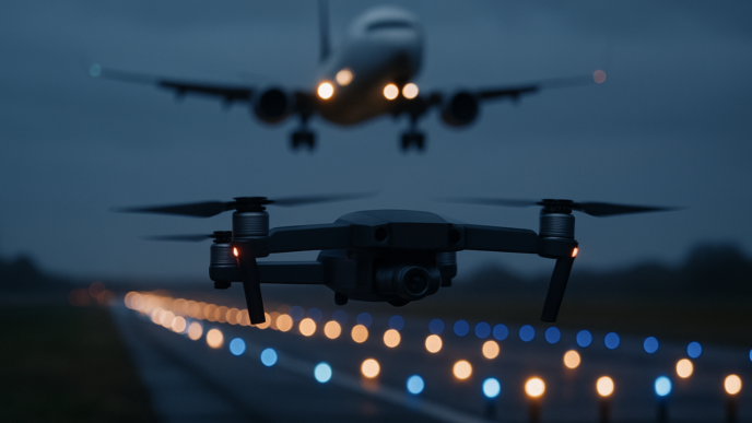 Malý dron letící nízko nad okrajem letištní dráhy za soumraku, v pozadí rozostřená silueta přistávajícího dopravního letadla a přibližovací světla
