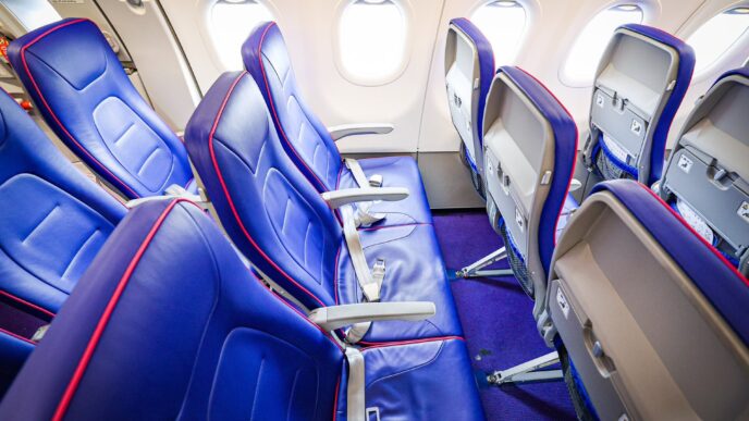 Interiér kabiny Airbusu A321neo s fialovými sedadly a otevřenými schránkami na příruční zavazadla nad hlavou.
