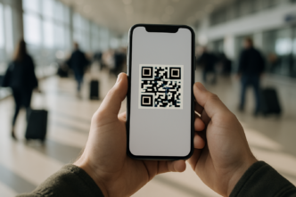 Cestující drží v odbavovací hale letiště mobil s digitální palubní vstupenkou s QR kódem