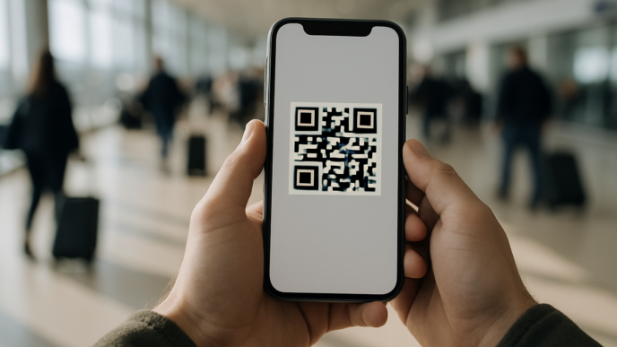 Cestující drží v odbavovací hale letiště mobil s digitální palubní vstupenkou s QR kódem
