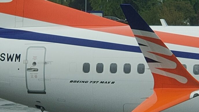 Detail zadní části trupu a ocasní plochy Boeingu 737 MAX 8 s oranžovo-modrým znakem Smartwings.