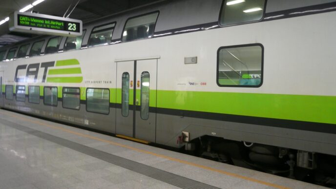 Zeleno-bílá souprava City Airport Train stojí u nástupiště s cedulí CAT.